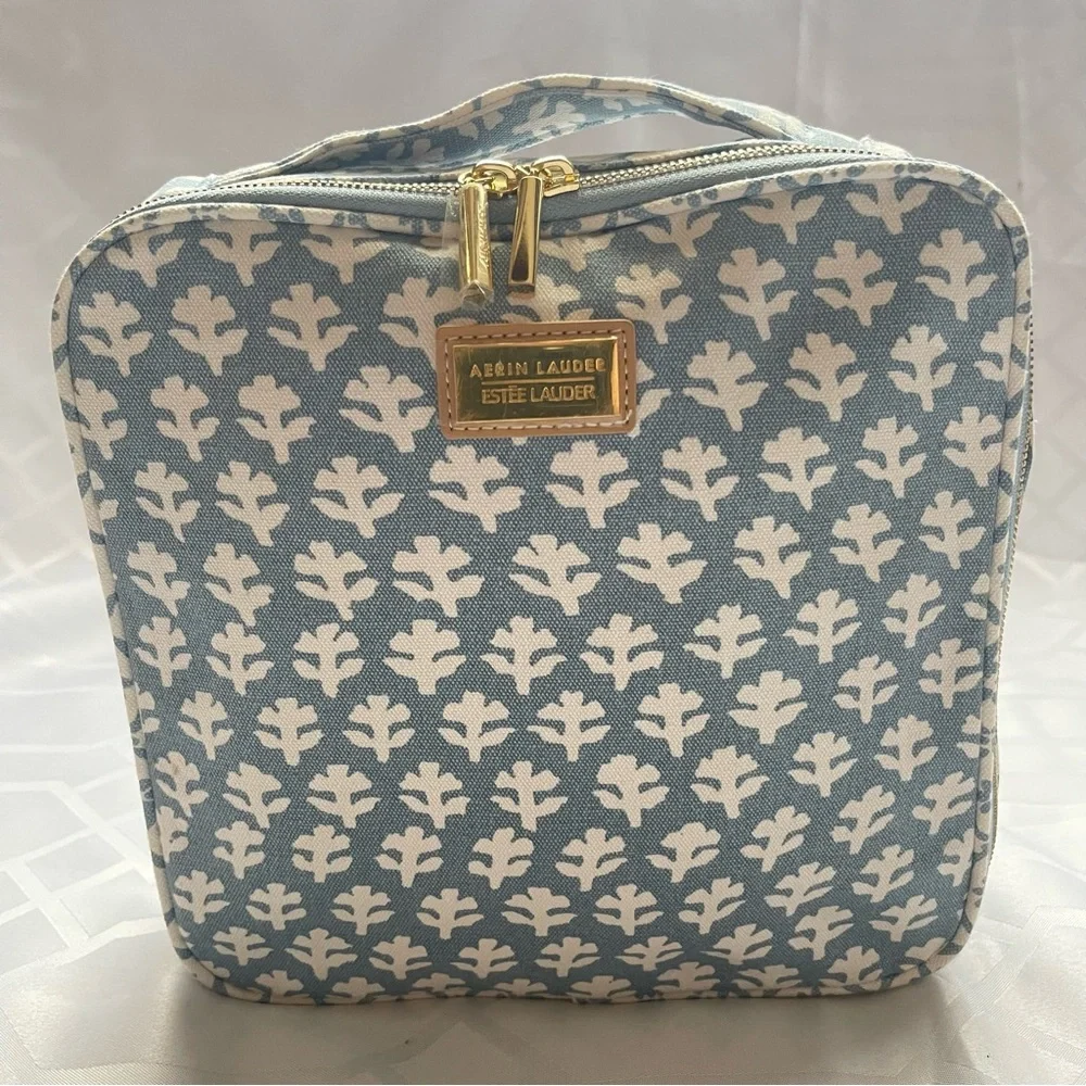 Aerin Estée Lauder Blue White Block Print Cosmetic Travel Bag NWOT